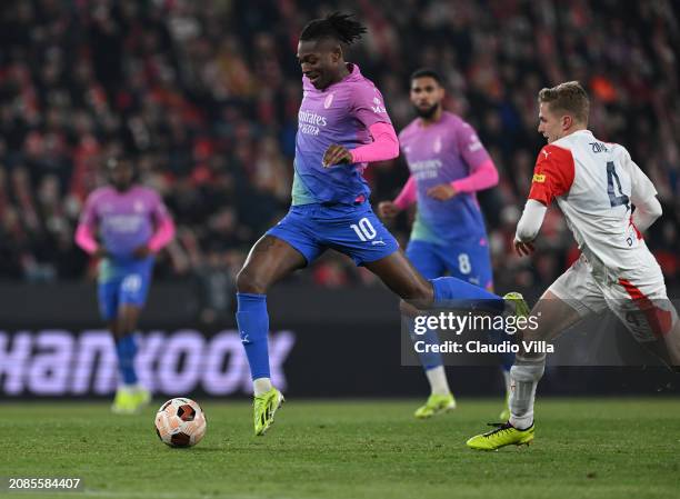 Rafael Leao of AC Milan in action during the UEFA Europa League 2023/24 round of 16 second leg match between Slavia Praha and AC Milan at Eden Arena...