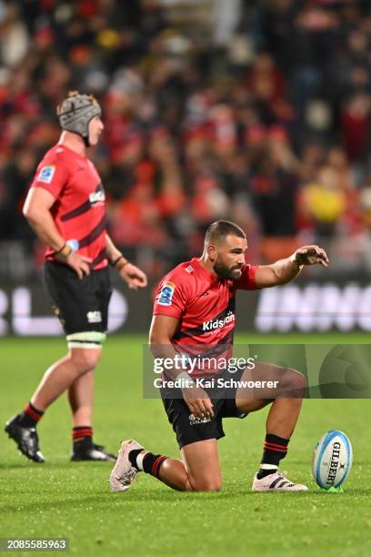 Riley Hohepa of the Crusaders prepares to take a penalty kick during the round four Super Rugby Pacific match between Crusaders and Hurricanes at...