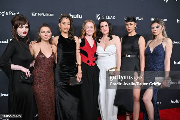 Sophie Thatcher, Sammi Hanratty, Jasmin Savoy Brown, Liv Hewson, Melanie Lynskey and Courtney Eaton attend the 35th Annual GLAAD Media Awards at The...