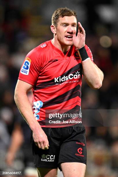 Dallas McLeod of the Crusaders gives instructions during the round four Super Rugby Pacific match between Crusaders and Hurricanes at Apollo Projects...