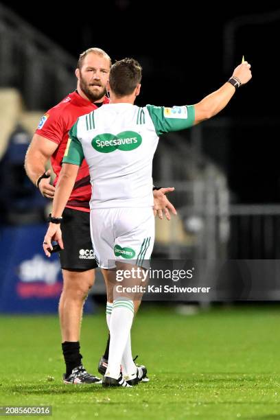 Owen Franks for the Crusaders is shown a yellow card during the round four Super Rugby Pacific match between Crusaders and Hurricanes at Apollo...