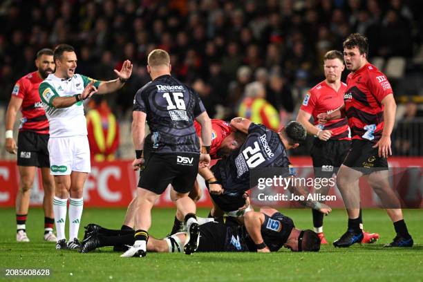 Owen Franks of the Crusaders takes out Du'Plessis Kirifi of the Hurricanes during the round four Super Rugby Pacific match between Crusaders and...