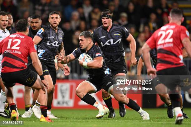 Du'Plessis Kirifi of the Hurricanes charges forward during the round four Super Rugby Pacific match between Crusaders and Hurricanes at Apollo...