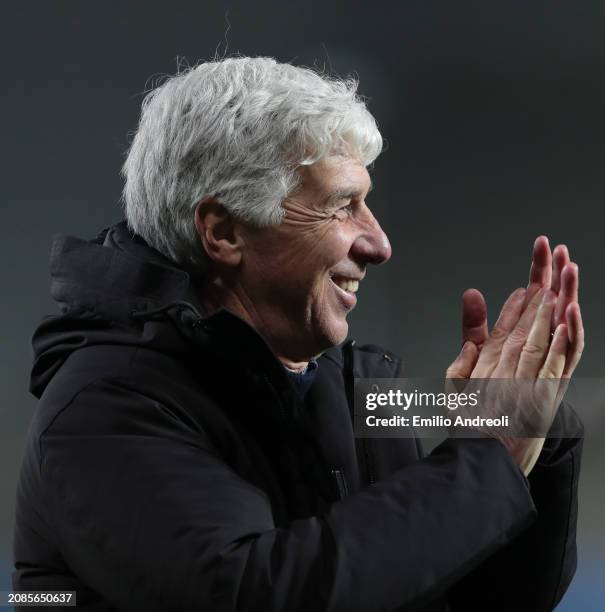 Atalanta BC coach Gian Piero Gasperini celebrates following the UEFA Europa League 2023/24 round of 16 second leg match between Atalanta and Sporting...