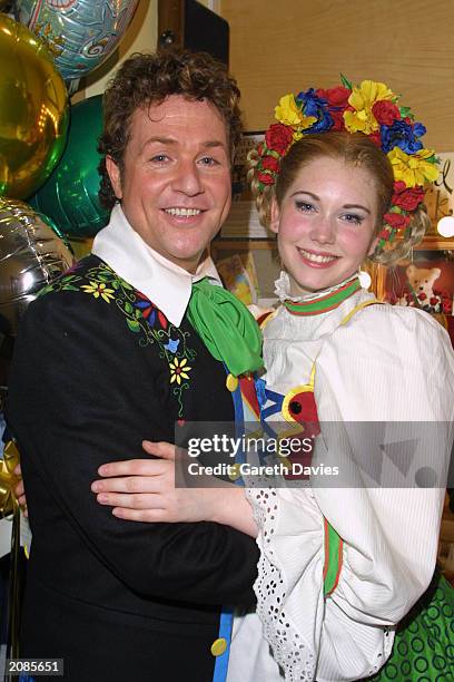 Stars Michael Ball and Emma Williams pose in costume at the musical premiere "Chitty Chitty Bang Bang" held at the London Palladium on April 16,...