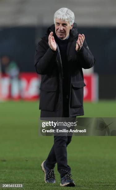 Atalanta BC coach Gian Piero Gasperini celebrates following the UEFA Europa League 2023/24 round of 16 second leg match between Atalanta and Sporting...