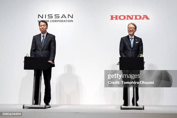 Nissan Motor CEO Makoto Uchida and Honda Motor CEO Toshihiro Mibe attend a joint press conference on March 15, 2024. The automakers announced their...