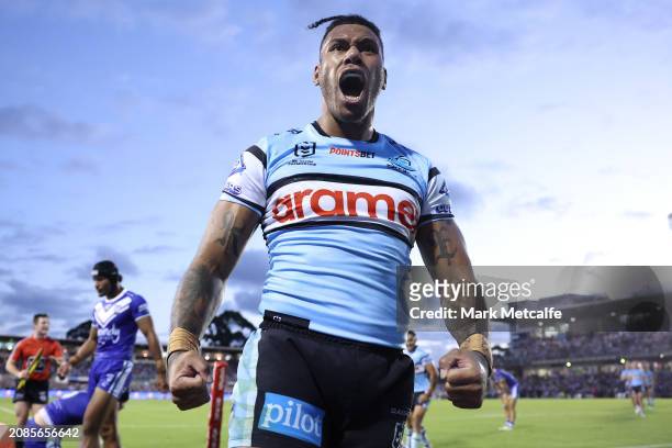 Sione Katoa of the Sharks celebrates after scoring a try during the round two NRL match between Cronulla Sharks and Canterbury Bulldogs at PointsBet...