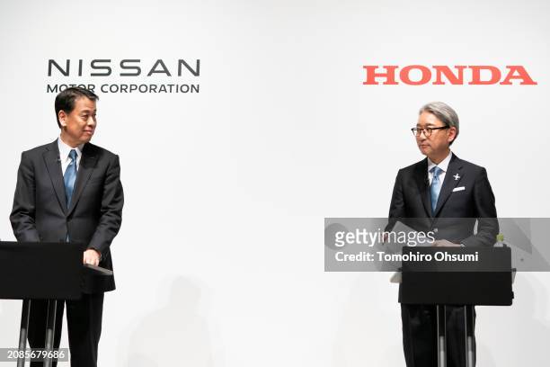 Nissan Motor CEO Makoto Uchida and Honda Motor CEO Toshihiro Mibe attend a joint press conference on March 15, 2024 in Tokyo, Japan. The automakers...