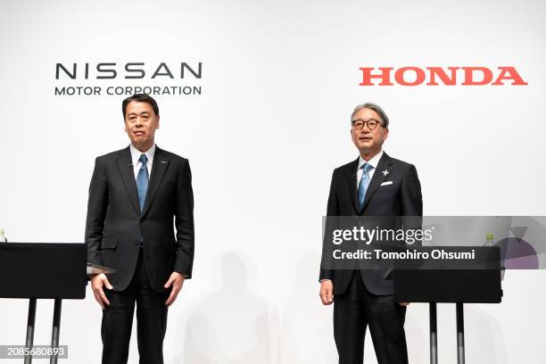 Nissan Motor CEO Makoto Uchida and Honda Motor CEO Toshihiro Mibe attend a joint press conference on March 15, 2024 in Tokyo, Japan. The automakers...