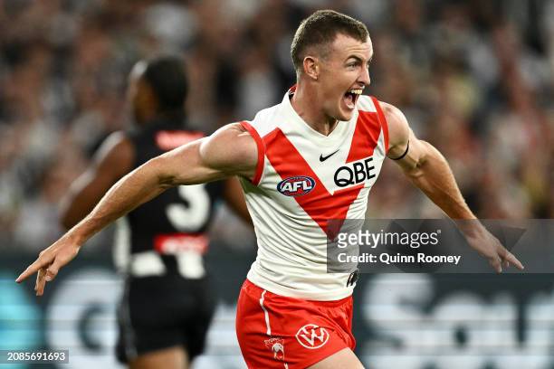 Chad Warner of the Swans celebrates kicking a goal during the round one AFL match between Collingwood Magpies and Sydney Swans at Melbourne Cricket...