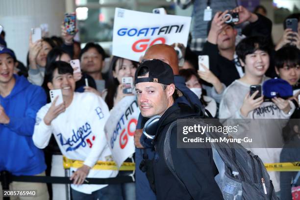 Joe Kelly of the Los Angeles Dodgers arrives ahead of the MLB Seoul Series at Incheon International Airport on March 15, 2024 in Incheon, South Korea.