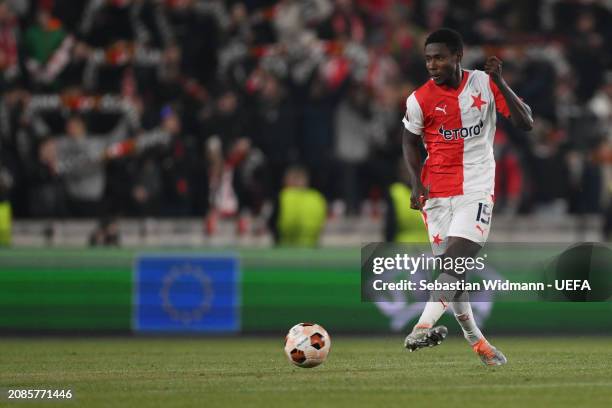 Murphy Dorley of Slavia Praha plays the ball during the UEFA Europa League 2023/24 round of 16 second leg match between Slavia Praha and AC Milan at...