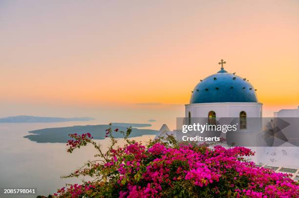 famous traditional blue dome church and red flowers in santorini island, greece thire village at sunset in santorini, greece - oia santorini fotografías e imágenes de stock