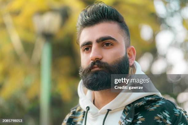 young man stands in the park. - pompadour stock pictures, royalty-free photos & images