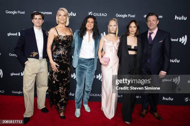 Billy Harris, Hannah Waddingham, Cristo Fernández, Juno Temple, Jodi Balfour and Jason Sudeikis attends the 35th Annual GLAAD Media Awards at The...