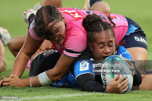 Saelua Leaula of the Force crosses for a try during the round one Super Rugby Women's match between Western Force and Melbourne Rebels at HBF Park on...