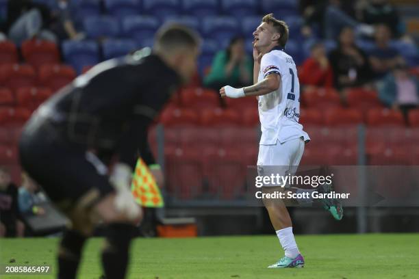 Luka Jovanović of Adelaide United celebrates his goal during the A-League Men round 21 match between Newcastle Jets and Adelaide United at McDonald...