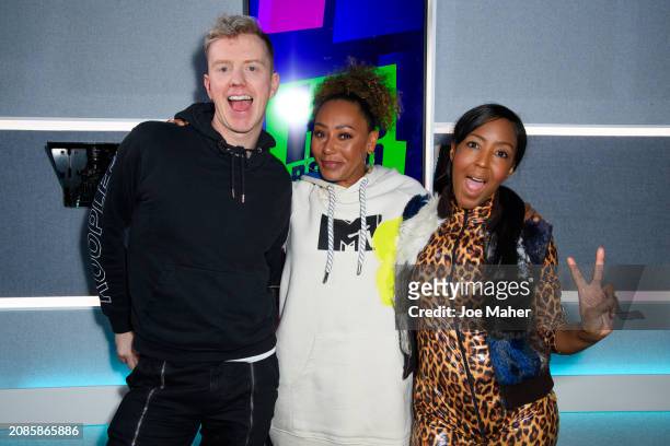 James Barr, Mel B and Angellica Bell at Bauer Media at 1 Golden Square on March 15, 2024 in London, England.