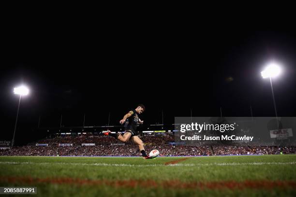 Nathan Cleary of the Panthers kicks during the round two NRL match between Penrith Panthers and Parramatta Eels at BlueBet Stadium, on March 15 in...