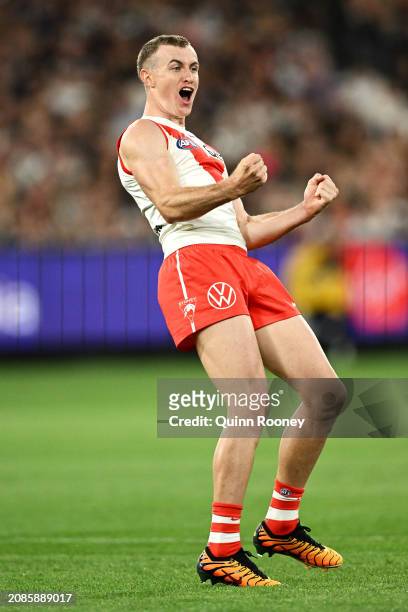 Chad Warner of the Swans celebrates kicking a goal during the round one AFL match between Collingwood Magpies and Sydney Swans at Melbourne Cricket...