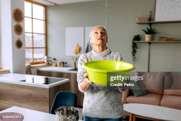 une femme âgée regarde le plafond tout en recueillant l’eau qui fuit dans le salon de la maison - plafond photos et images de collection