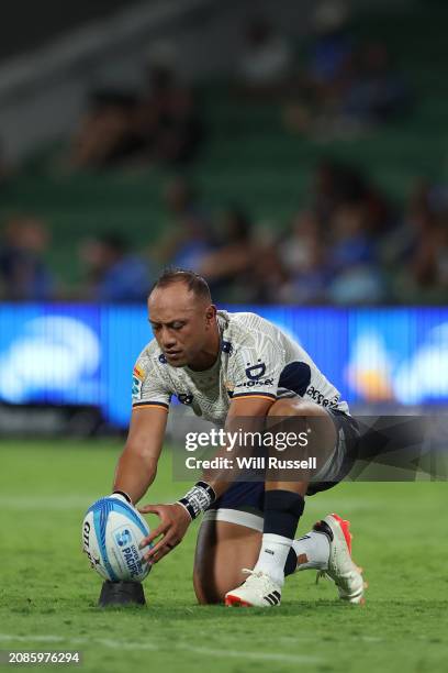 Christian Leali'ifano of Moana Pasifika set under pressure from a conversion kick during the round four Super Rugby Pacific match between Western...