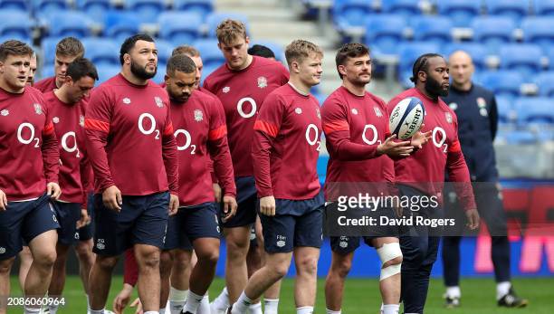 George Furbank, catches the ball during the England captain's run held at Groupama Stadium on March 15, 2024 in Lyon, France.