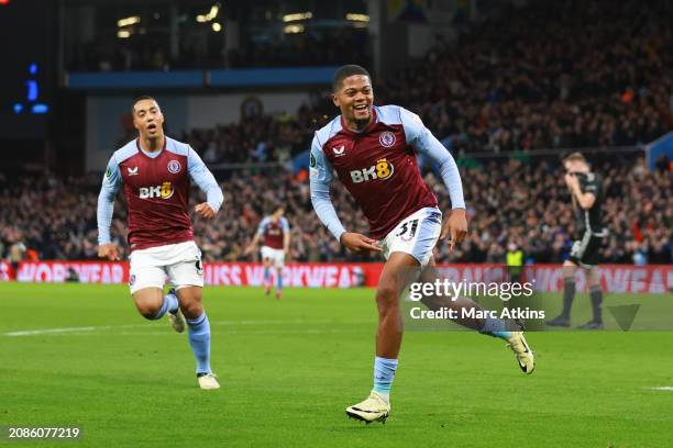 Moussa Diaby of Aston Villa celebrates with Youri Tielemans during the UEFA Europa Conference League 2023/24 round of 16 second leg match between...