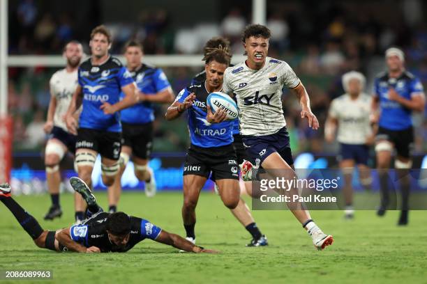 Kyren Taumoefolau of Moana Pasifika runs in for a try during the round four Super Rugby Pacific match between Western Force and Moana Pasifika at HBF...