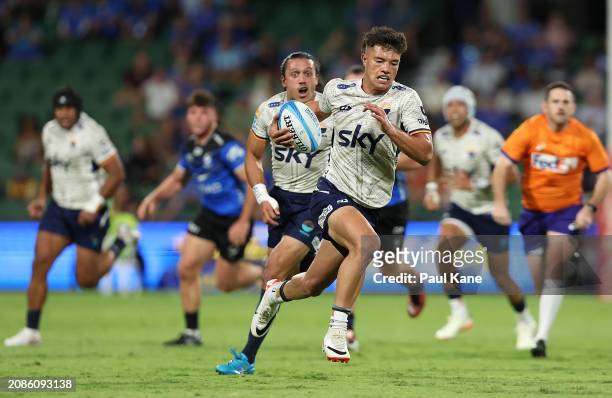 Kyren Taumoefolau of Moana Pasifika runs in for a try during the round four Super Rugby Pacific match between Western Force and Moana Pasifika at HBF...