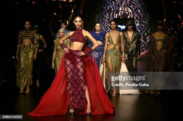 Models walk the runway for ITRH by designer Ridhi Bansal and Mohit Rai creation at Lakme Fashion Week 2024 on March 15, 2024 in Mumbai, India. (Photo...