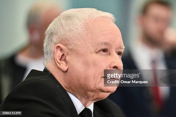 Jaroslaw Kaczynski, leader of the Law and Justice political party , answers questions by a government commission investigating PiS's use of the...