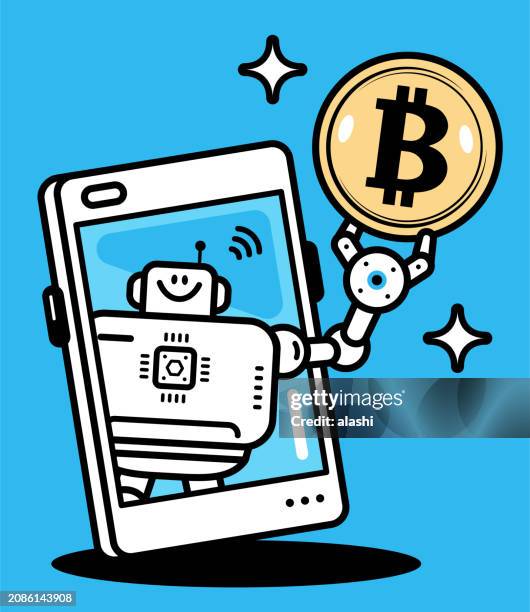 an ai chatbot assistant gives bitcoin from a smartphone screen - financial analyst stock illustrations