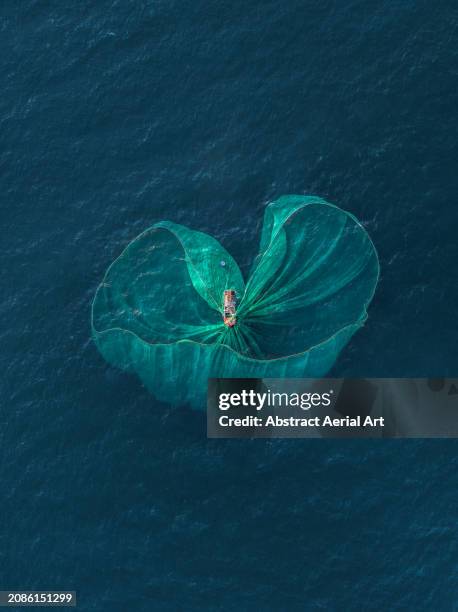 drone shot directly above a trawler catching anchovies in a commercial fishing net, vietnam - great catch stock pictures, royalty-free photos & images