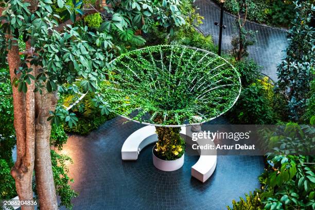artificial tree in urban architecture with indoor tropical rainforest. - doha stock pictures, royalty-free photos & images