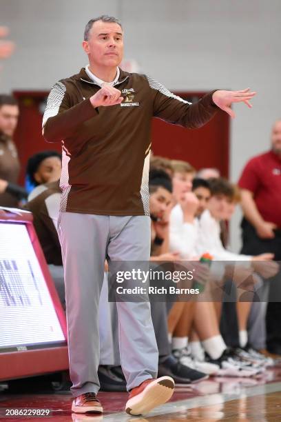 Head coach Brett Reed of the Lehigh Mountain Hawks reacts to a play against the Colgate Raiders during the second half of the Patriot League...