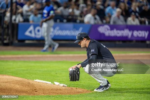 New York Yankees starting pitcher Gerrit Cole warming up in the 1st inning while playing the Toronto Blue Jays at George M. Steinbrenner Field, in...