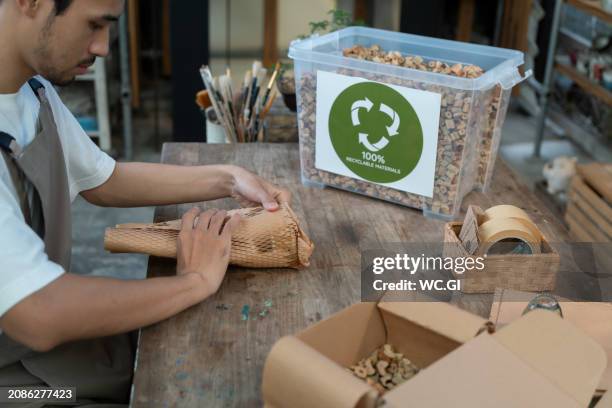 eco-friendly packaging in ceramics business - recycled material stock pictures, royalty-free photos & images