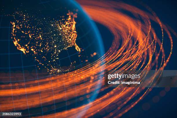 comunicación global - américa del norte (mapa del mundo cortesía de la nasa) - américa-del-norte fotografías e imágenes de stock
