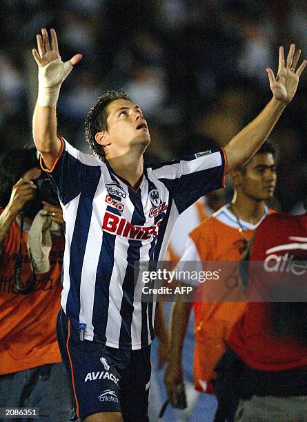 Guillermo Franco of Monterrey celebrates the second goal for his team during the first soccer match of the Mexican Soccer league final against...