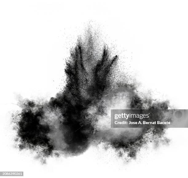 multiple explosions of smoke and dust in expansive motion on a white background. - detonator stock pictures, royalty-free photos & images