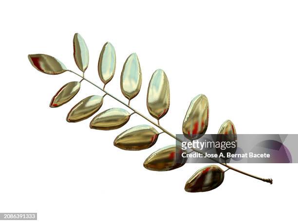 ornament, small twig with golden metallic leaves on a white background. - crown pattern stock pictures, royalty-free photos & images