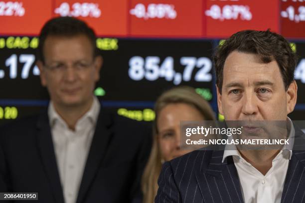 Lotus Bakeries CEO Jan Boone delivers a speech at the bell ceremony of the Euronext Brussels Stock Exchange in Brussels on Monday 18 March 2024....