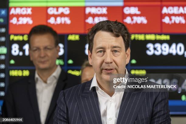 Lotus Bakeries CEO Jan Boone delivers a speech at the bell ceremony of the Euronext Brussels Stock Exchange in Brussels on Monday 18 March 2024....