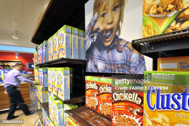 Nestle breakfast cereals are seen on February 21, 2008 in a company supermarket at headquarters in Vevey. The world's number one food manufacturer,...