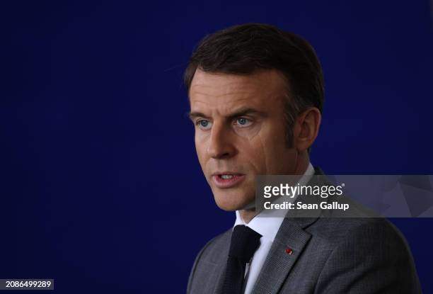 French President Emmanuel Macron speaks to media along with German Chancellor Olaf Scholz and Polish Prime Minister Donald Tusk speak to the media...