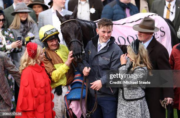 Audrey Turley, Owner of Galopin Des Champs, Jockey Paul Townend and Trainer Willie Mullins pose for a photo as Galopin Des Champs wins the Boodles...