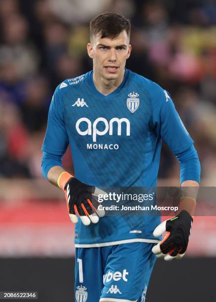 Radoslaw Majecki of AS Monaco reacts during the Ligue 1 Uber Eats match between AS Monaco and Paris Saint-Germain at Stade Louis II on March 01, 2024...