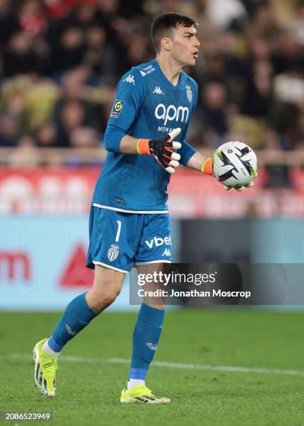 Radoslaw Majecki of AS Monaco reacts during the Ligue 1 Uber Eats match between AS Monaco and Paris Saint-Germain at Stade Louis II on March 01, 2024...